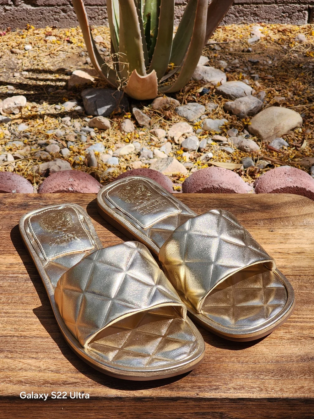 Brennda Women's Gold Leather Quilted Slide Sandal Size 8